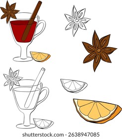Hot mulled wine with cinnamon, star anise and orange Vector graphic line ink illustration. Hot drink with citrus and spices icon isolated on a white background. Hot mulled wine drink drawing
