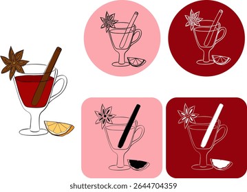 Hot mulled wine with cinnamon, star anise and orange logotype. Vector graphic line ink illustration. Hot drink with citrus and spices For poster, invitation, backdrop, ad, print for t-shirt
