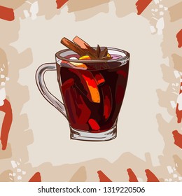 Hot Mulled Wine classic cocktail illustration collection. Alcoholic cocktails hand drawn vector illustration set. Bar warm seasonnal winter drink classic sketch image. Menu item image vector.