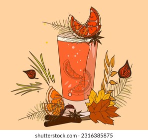 Hot mulled wine drink in a glass with orange slices. Decorated with autumn leaves, badjan, acorns, cinnamon and spruce branches. Vector illustration, isolated on beige background