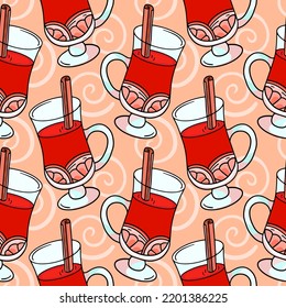 Hot mulled wine, a festive drink,, vector seamless pattern in the style of doodles, hand drawn