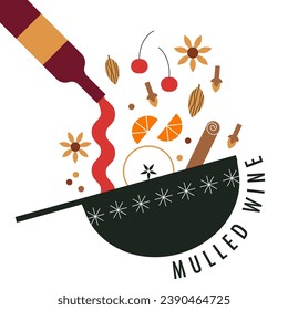 Hot mulled wine with fruits and spices. Ingredients. Preparation. Pot with red wine, citrus, cinnamon, clove, star anise. Winter homemade drink vector illustration. Flat trendy abstract style.