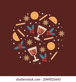 Hot mulled wine in a glass and elements and spices for a drink on a burgundy background in the shape of a circle