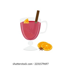 Сhristmas hot mulled wine with orange, cinnamon and anise. Vector illustration isolated on white background