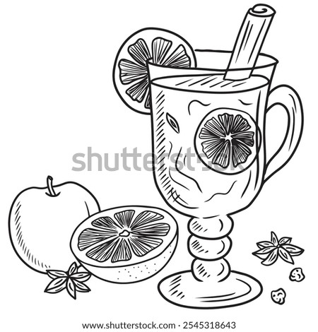 Hot mulled wine with orange slices and cinnamon sticks in black color isolated on white background. Hand drawn vector sketch illustration in doodle engraved line art style. Winter wine drink