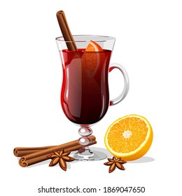 Сhristmas hot mulled wine with orange,cinnamon and anise. Vector illustration.