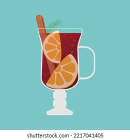 Сhristmas hot mulled wine with orange,cinnamon. Vector illustration.