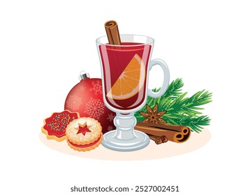 Heißer Glühwein mit Gewürzen und Weihnachtskeksen, Vektorgrafik. Glühweingetränk und Weihnachts-Kurzbrot-Keks-Symbol auf weißem Hintergrund. Heißes Getränk und Kekse Weihnachten Stillleben