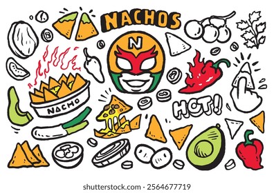 Hot nachos doodle, mexican food vector