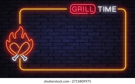 Marco de Vector de neón caliente con signo de tiempo de parrilla e ícono de carne en llamas. Ideal para anuncios de barbacoa, eventos de verano y promociones de cocina al aire libre.