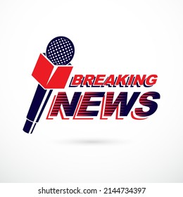 Hot News Conceptual Logo Composed Using Breaking Live News Writing And Press Microphones. Global Broadcasting Theme Illustration.
