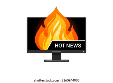 Hot news icon. Computer monitor with fire and text, concept for promo, internet and TV sensations, emergency. Vector colorful cartoon illustration isolated on white background