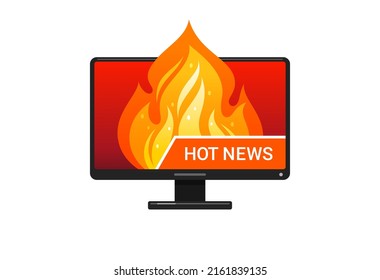 Icono de noticias calientes. Pantalla de computadora con fuego. Concepto de promoción, agencias de viajes, descuentos y ventas, lanzamientos de juegos, sensaciones de Internet y TV. Ilustración aislada de color vectorial
