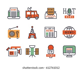 Hot news icons flat style colorful set websites mobile and print media newspaper communication concept internet information vector illustration.