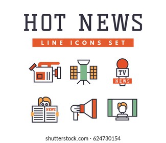 Hot news icons flat style colorful set websites mobile and print media newspaper communication concept internet information vector illustration.