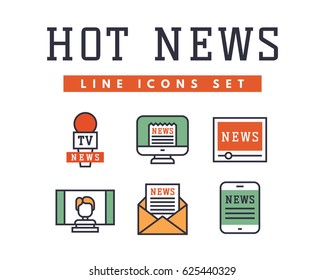 Hot news icons flat style colorful set websites mobile and print media newspaper communication concept internet information vector illustration.