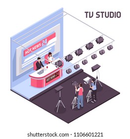 Hot news live broadcasting from tv studio concept on white background 3d isometric vector illustration