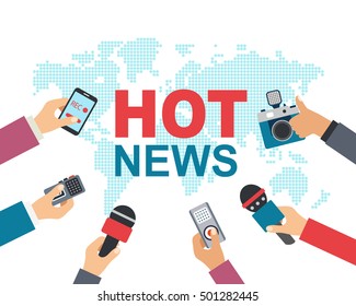 Hot news, mass media, journalism concept. Vector illustration of many hands with microphones, recorders