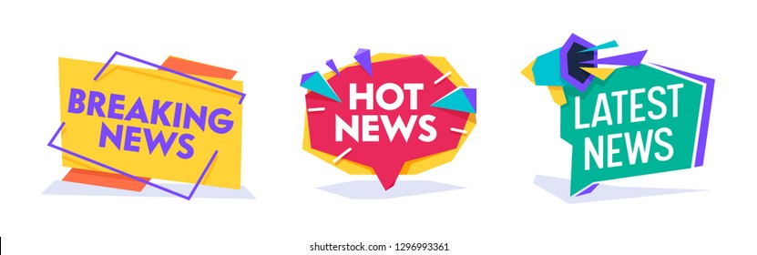 Hot News World Breaking Reportage Typography Banner Template Set. Newsletter Badge for Communication Media Headline. Information Message Announce Circle Poster Flat Cartoon Vector Illustration