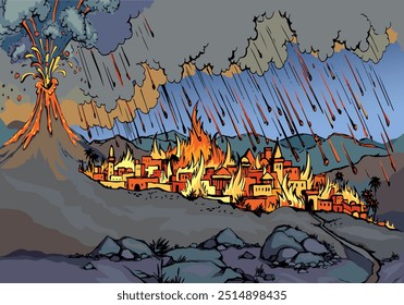 Luz de la noche caliente llama de la tierra ardiente colina pico flujo de polvo de ceniza matar la muerte del bosque de árboles vida morir dios lluvia de escombros. Dibujado a mano edad retro 1 daño quemado calor muerto humano final dibujo de dibujos animados dibujar símbolo escena