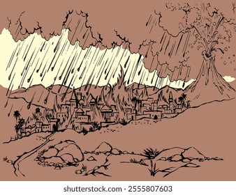 Hot night light fiery earth flame hill peak ash dust flow kill tree forest death life die god rubble rain. Hand drawn retro age 1 burnt damage heat dead human end cartoon art sketch draw symbol scene