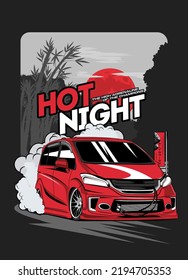 hot night super drift car, t-shirt design illustration