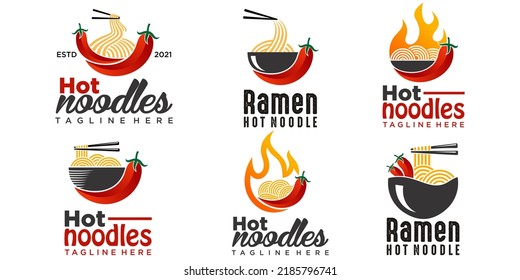 hot noodle on fire flame spicy restaurant food court icon set logo design vector