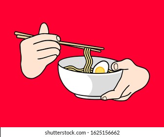 Hot noodle soup with beef, Nori sheets, eggs and spiral fishcake (roll). Hands with chopsticks. Vector illustration isolated on red background.