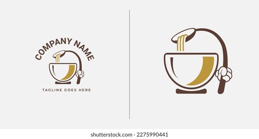 Hot Noodle Soup In A Bowl. Vector Logo Cup. Cartoon character keep in hands a large spoon. Template logotype design of kitchen for fast food, business lunch, menu, set meals.