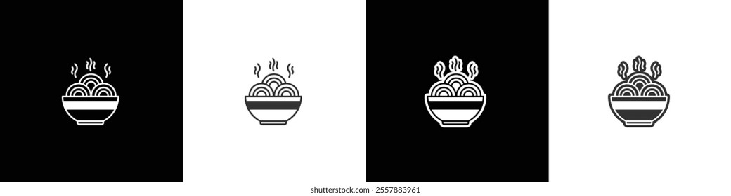 Hot noodles in bowl icon with simple vector shape. Takeaway food icon.  Ramen noodle vector graphic. Collection of flat and linear style noodle symbols on black, white and transparent backgrounds.