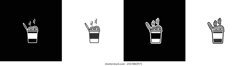 Hot noodles in cup icon with simple vector shape. Takeaway food icon.  Ramen noodle vector graphic. Collection of flat and linear style noodle symbols on black, white and transparent backgrounds.