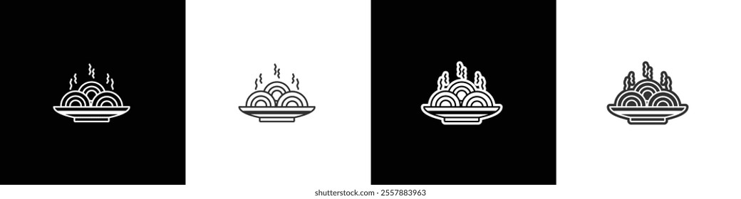 Hot noodles icon in a large plate with simple vector shape. Takeaway food icon. Ramen noodle vector graphic.Collection of flat and linear style noodle on black, white and transparent backgronds.