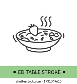 Hot oatmeal line icon.Porridge with fruit,nuts and seeds.Homemade healthy breakfast. Diet and vegetarian recipe.Isolated linear vector food illustration.Editable stroke
