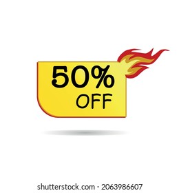 Oferta caliente 50% de descuento. Fuego. Ver la etiqueta de oferta