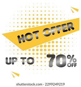 Hot offer. Up to 70% off. Hot Offer Banner with abstract background, yellow stripe and black letters with gradient effect. font Insaniburger