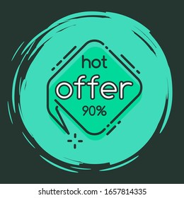 Hot offer 90 percent off final sale isolated round circle of brush strokes on black. Vector illustration of geometric speech bubble and memphis style elements. Price of sale shopping tag, line art