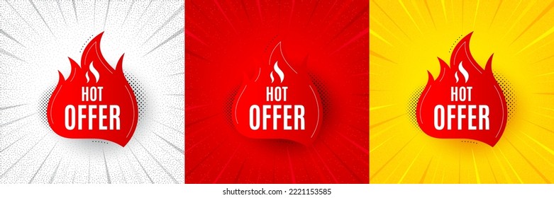 Hot offer banner. Flash offer banner, coupon or poster. Discount sticker shape. Coupon tag icon. Hot offer promo banner. Retail marketing flyer. Starburst pop art. Vector