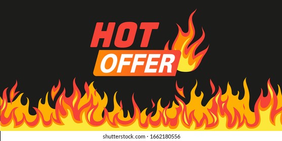 Hot Offer. Burning Fire And Flames Frame Like Symbol Of Sale With Text For Promo Vector Saling Banner