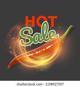 Hot offer card with burning fire and realistic red chili pepper. Sign hot offer illustration background. Hot sale. Vector illustration