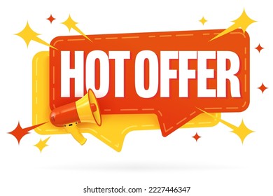 Plantilla de etiqueta de descuento de oferta activa. Promoción de venta en tienda minorista. Diseño de burbuja de voz de placa de oferta o pegatina con ilustración portadora megáfona aislada en fondo blanco