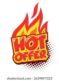 Hot offer label with flame. Vector sticker on transparent background