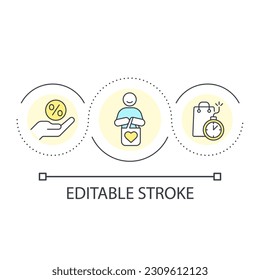 Icono de concepto de bucle de oferta activa. Descuentos y ventas. Compras. Estrategia de marketing. Atraer a los clientes la ilustración abstracta de una idea delgada. Dibujo de contorno aislado. Trazo editable. Tipo de letra arial utilizado