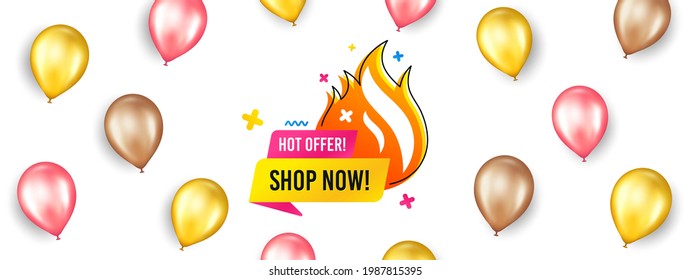 Hot offer sale banner. Promotion ad banner with 3d balloons. Discount sticker shape. Special offer icon. Isolated party balloons background. Hot offer label. Vector