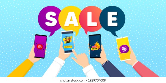 Hot offer, Special offer and Mega sale promo label set. Banner with mobile phones in hands. Sale bubble sign. Label tag, Banner shape, Discount banner. Promotional tag set. Vector