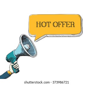 HOT OFFER in speech bubble with sketch drawing style