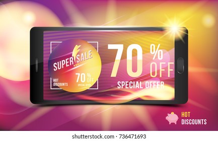Hot offer is a super discount of 70%. Concept of advertising with a smartphone and banner with hot discounts and realistic fire with light effects on a colored background. Vector illustration EPS 10