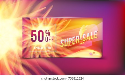 Hot offer is a super sale of 50%. Concept of advertising banner with hot discounts and realistic fire with light effects on a colored background. Vector illustration EPS 10
