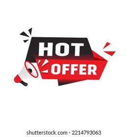 Oferta caliente, etiqueta vectorial con icono megáfono. Diseño plano para banner, plantilla.