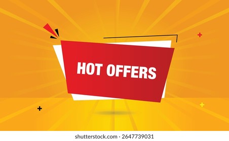Hot offers editable web banner badge icon label design template vector art illustration for sales business red white shapes with orange yellow sunshine abstract background modern clean 4k