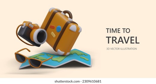 Hot offers for tourists. Bright photos and impressions from tour. Advertising color offer from travel agency. Website banner with modern 3D illustration